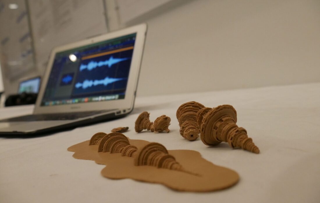 3D printed sound waves of students saying ‘Experimental Humanities’, from Whitney Slaten’s ‘Sound Studies and Critical Listening’ course (photograph by Michelle Mandoki)